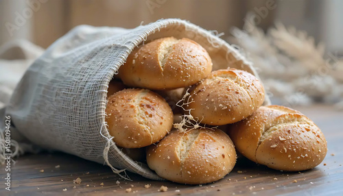 A bag of bread is sitting on a wooden table