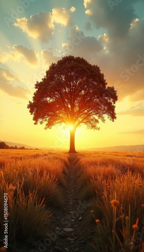 A lone, perfectly symmetrical tree stands in a vast, empty field, bathed in the golden light of sunset  The scene evokes a sense of peaceful isolation and untamed beauty ,  horizon,  remote