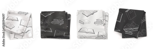 Set of black white kitchen towels, cloth napkins with open book pattern. Folded square textile dishcloths, tea towels mockup isolated on white background.