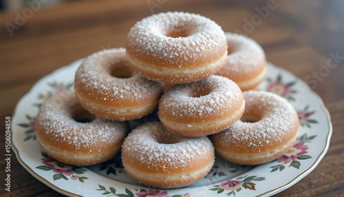 A stack of powdered donuts on a plate