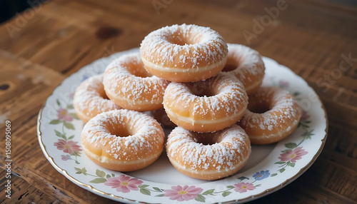 A stack of powdered donuts on a plate