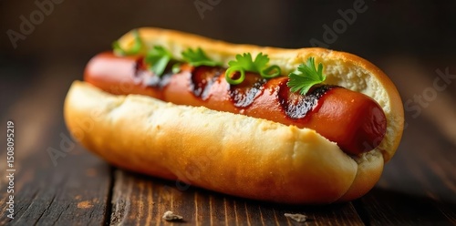 A delicious grilled hot dog, perfectly seared, resting on a toasted bun  Juicy, savory, and ready to eat  Classic American comfort food  , delicious, recipe