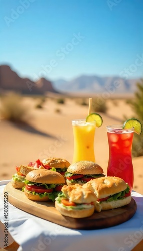 A delicious and refreshing desert lunch spread outdoors, featuring sandwiches, fruit, and refreshing drinks under a clear blue sky ,  blanket,  adventure