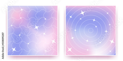 Y2k star pattern backgrounds - gradient mesh squiggly lines with white shining twinkles. Dreamy cosmic aesthetic design in pastel blue, pink and purple colors. Girly trendy sparkly decorative element