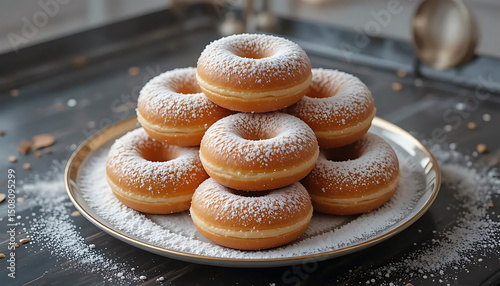 A stack of powdered donuts on a plate