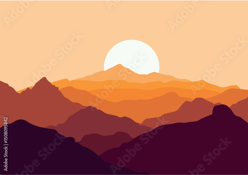 Mountains with moon panorama. Illustration in flat style. Pro Vector Background 