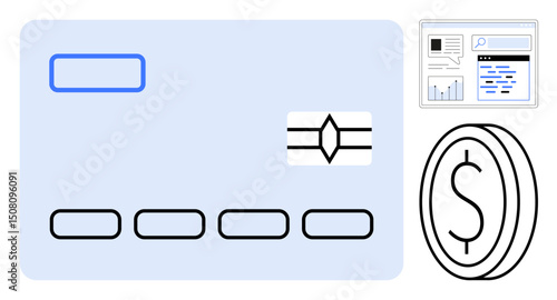 Credit card, coin with dollar sign, and analytics dashboard symbolizing finance, digital payments, data tracking, and budgeting. Ideal for fintech, e-commerce, banking savings accounting spending