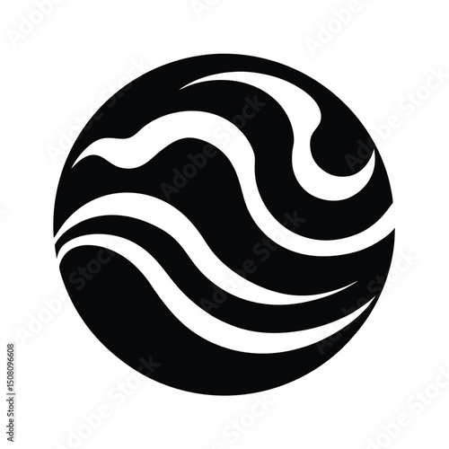 Abstract black and white circle design featuring wavy lines for graphic design and branding