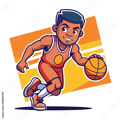 Animated AfricanAmerican athlete dribbles the orange basketball with energy and focus, wearing sporty shoes
