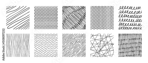 Crosshatch pattern swatches - wavy and zig-zag, striped and checkered textures. Black geometric ink drawing backgrounds with linear shapes. Hand sketched graphic elements for borders, surface designs.