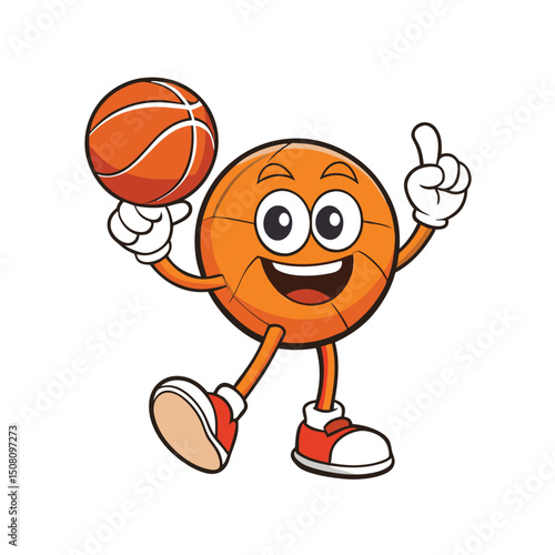 Animated basketball character holds a ball and raises index finger on a white backdrop