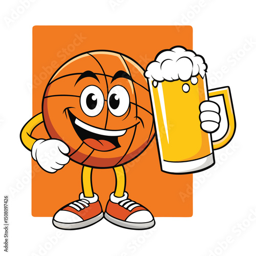 Animated basketball character smiles while holding beer in front of orange background, fun and playful