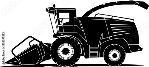 Bold black silhouette of a forage harvester with chute and cab, perfect for farming and vector designs