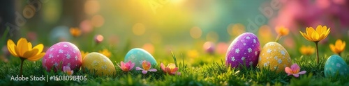 Vibrant, hidden Easter eggs nestled amongst spring blossoms, a playful game of seek-and-find in a colorful garden A burst of color secretly revealed in nature's embrace , easter eggs, blossoms