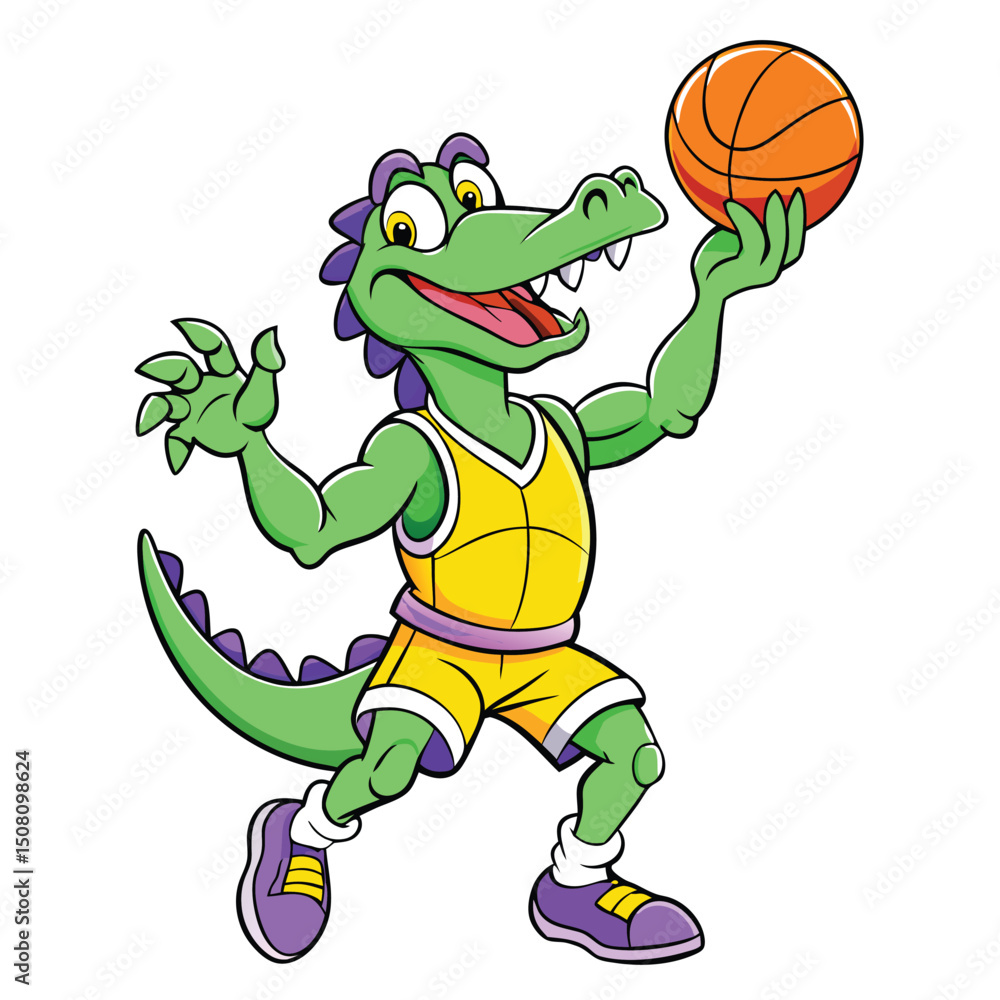 Obraz premium Cartoon alligator smiles, ready to throw the basketball in his yellow jersey and shorts