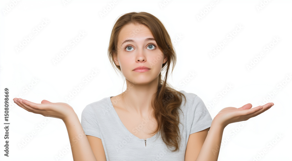 Young woman looking confused and questioning, against a white background. Young woman looking confused and questioning, against a white background.