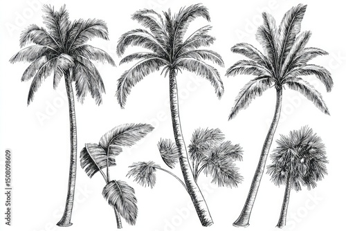 Collection of detailed hand-drawn palm trees.