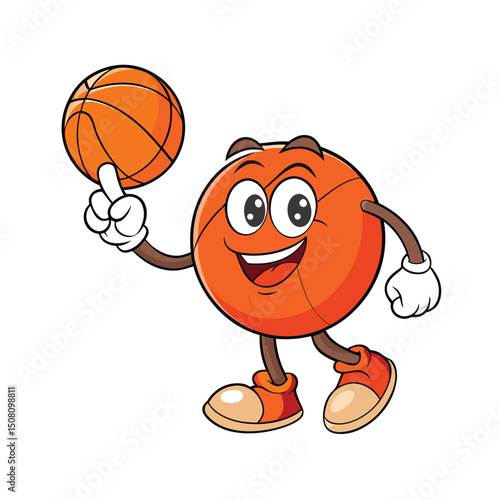 Cartoon basketball character happily spins a second basketball on its finger with cheer