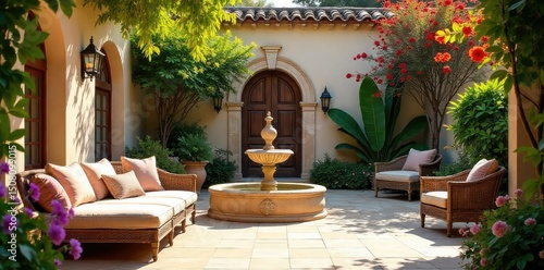 Sun-drenched Andalusian patio with vibrant flowers, ornate fountain, and elegant furniture  Evokes luxury, tranquility, and Spanish heritage , peaceful, patio, plants
