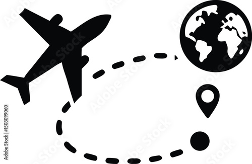 Airplane gliding over digital world map illustration