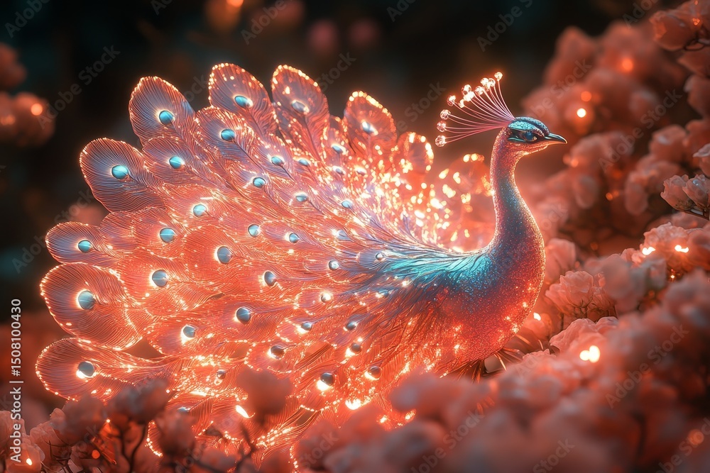 Obraz premium Luminous peacock amidst blossoms, fantasy art