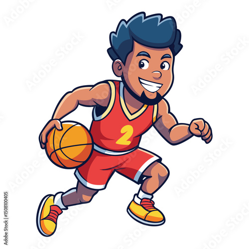 Cheerful African American basketball player dribbles and confidently moves across the court with visible focus