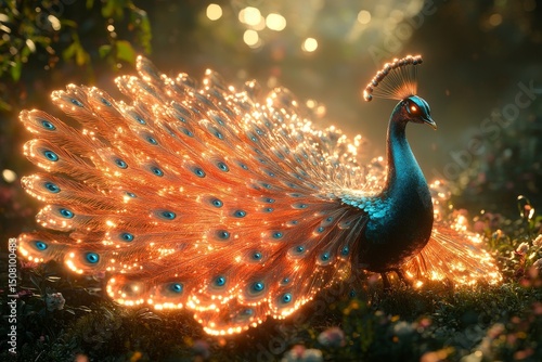 Luminous peacock in enchanted forest; fantasy art