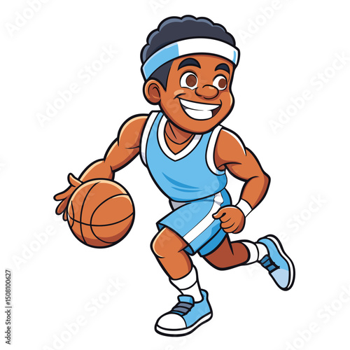 Cheerful African American basketball player dribbles the ball wearing a blue uniform, showcasing athleticism