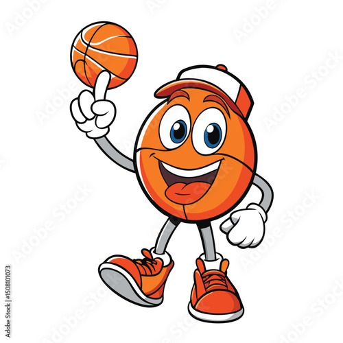Cheerful basketball cartoon character with cap balances an orange ball skillfully on its finger