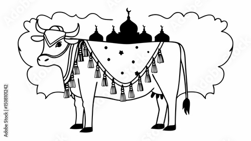 Line art of a cow decorated with tassels and a cloth with mosque silhouettes on its back in clouds created with generated ai