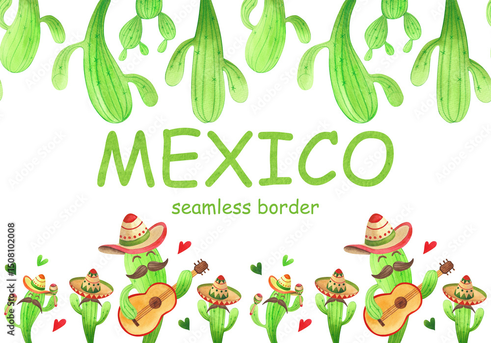Fototapeta premium Watercolor seamless border with cute cartoon cacti with guitar and maracas. Hand painted green plants in sombrero for children's illustration and design.