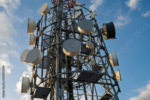 Bild auf Leinwand Mobile network and satellite communications mast on top of mountainous island