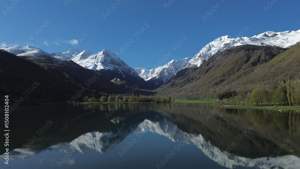 Snow capped mountains mirroring on Lake Génos-Loudenvielle in the French Pyrenees, aerial view with dolly forward and jib up moves. Snow capped mountains mirroring on Lake Génos-Loudenvielle in the French Pyrenees, aerial view with dolly forward and jib up moves.