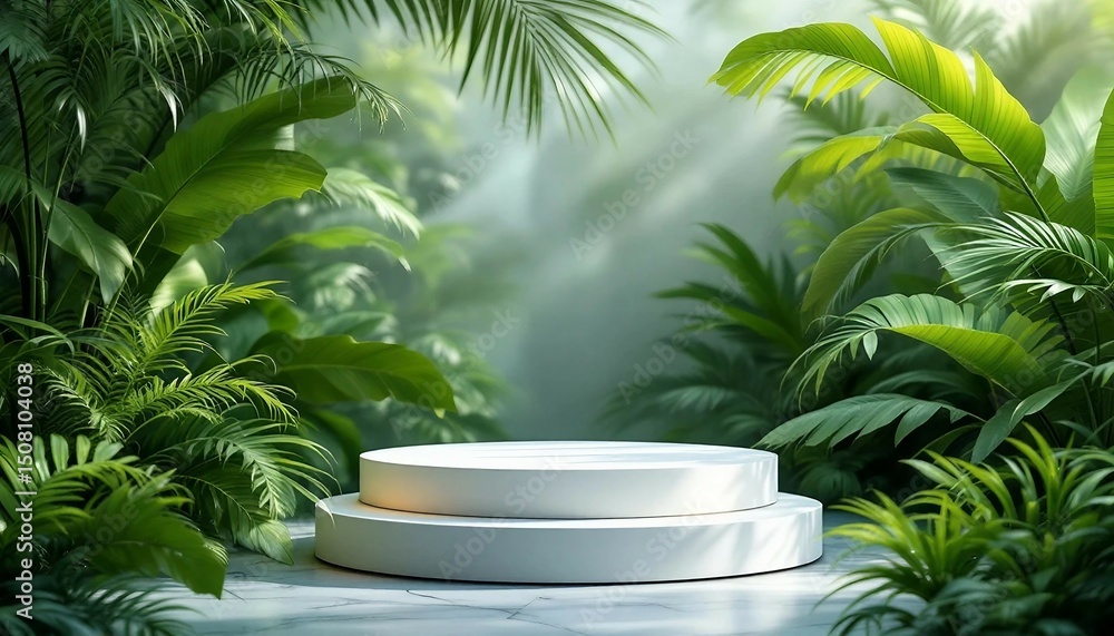 A modern podium for product design against the backdrop of a tropical forest A modern podium for product design against the backdrop of a tropical forest