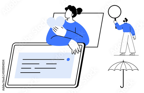 Person hugging a heart, standing figure holding circle, umbrella, tablet with document. Ideal for teamwork, creativity, connection, communication, innovation online services simple landing page