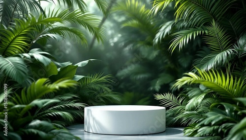 A modern podium for product design against the backdrop of a tropical forest
