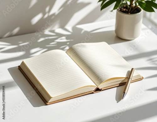 Minimalist desk with open notebook and green plant