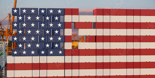 Stacks of Containers in the seaport stacked in the shape of the US flag