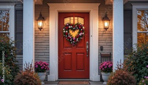 Flower arrangement in front of the door as a Valentine's decoration