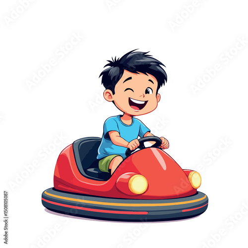Vsai happy child driving a red bumper car