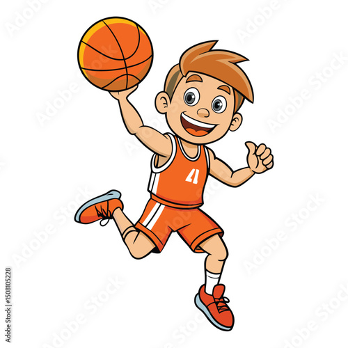 Joyful red haired kid demonstrates basketball talent with a successful slam dunk maneuver