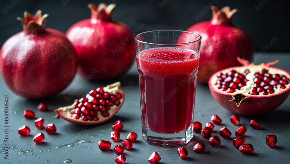 A glass of pomegranate juice with whole and halved pomegranates and seeds on a dark surface top view A glass of pomegranate juice with whole and halved pomegranates and seeds on a dark surface top view
