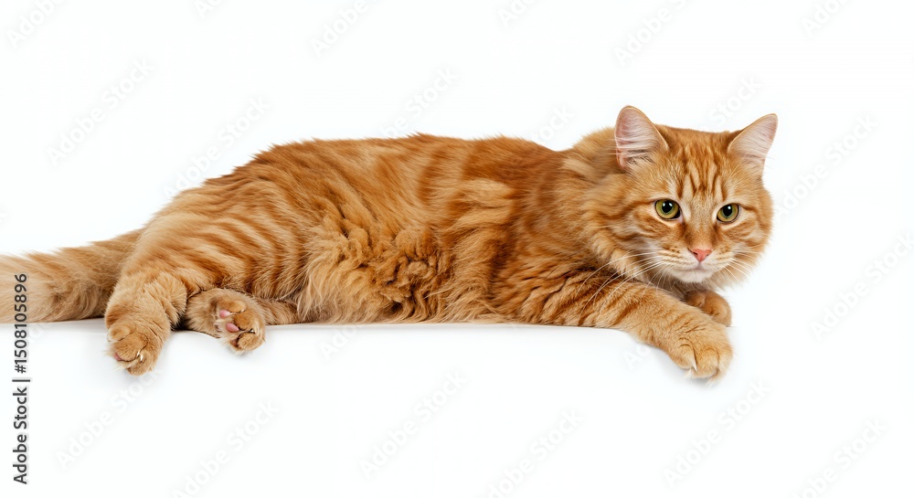 Fototapeta premium Ginger Cat Relaxing in a Studio Lying with Paw Hanging Over a White Surface in White Background