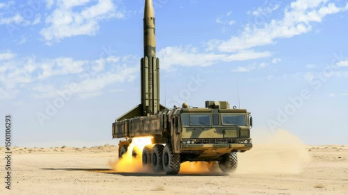 Military missile launch sequence in desert: vehicle preparation and takeoff
