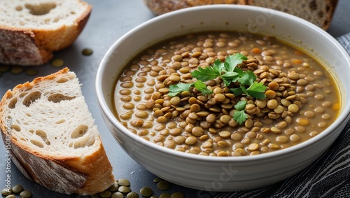 A bowl of lentil soup garnished with parsley and served with slices of sourdough bread on a gray surface