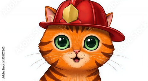 Cartoon Orange Tabby Cat Wearing a Red Firemans Hat Isolated on a White Background With Detailed Facial Features and Expressive Green Eyes Digital Art Style