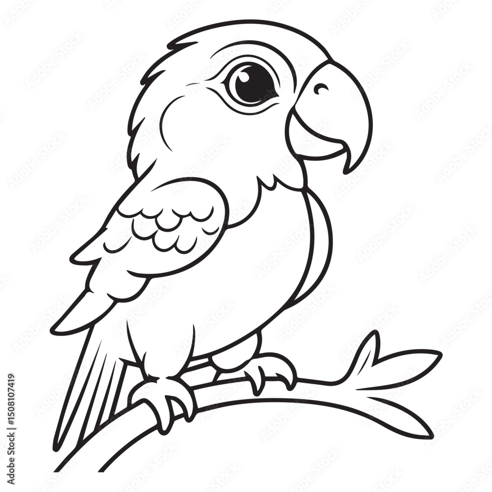 Fototapeta premium Cute cartoon parrot perched on a branch in a simple, black and white illustration. Friendly parrot with child-friendly style for coloring book or educational use.