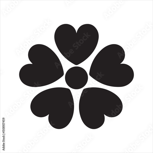 Heart Petal Flower Silhouette Icon – Black Minimalist Floral Vector with Five Petals