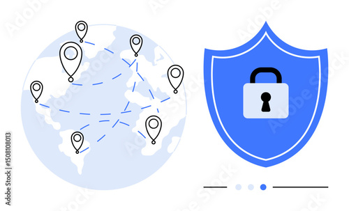 Globe with network pins connected by dashed lines next to blue shield with lock. Ideal for cybersecurity, networking, data privacy, online safety, global communication, digital trust, simple landing