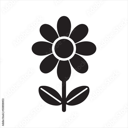 Flower Silhouette Icon – Simple Black Floral Symbol with Round Petals and Leaves
